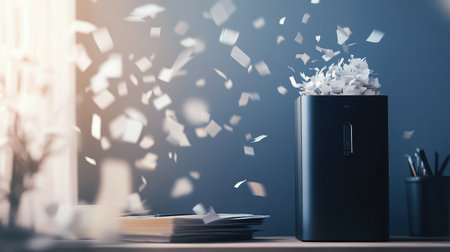 A minimalist black shredder on a desk with swirling flying papers and dynamic lighting.の素材