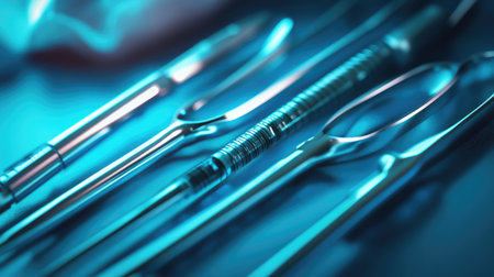 A high-quality image of sterilized hemostatic forceps and needle holders.の素材