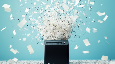 An energetic burst of flying papers and shredded confetti surrounding a sleek black shredder.の素材