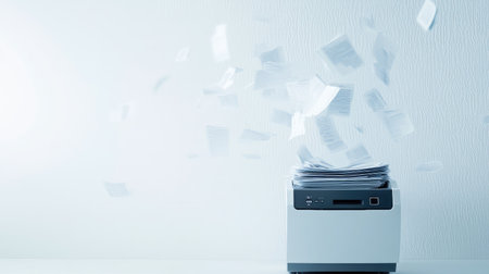 Minimalist setup with a shredder and gracefully flying papers on a bright white backdrop.の素材
