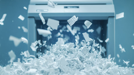Compact office shredder ejecting shredded paper streams with whole pages floating nearby.の素材