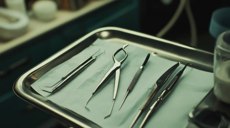 A precision shot of dental scissors and suturing instruments on a clean tray.の素材