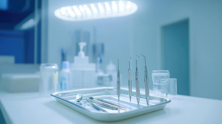 Arrangement of modern dental tools in a dentista tray under a bright light.の素材