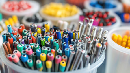 Collection of dental burs in a container ready for procedures.の素材
