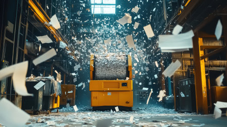 An industrial shredder surrounded by flying paper scraps in an intense, chaotic setup.の素材