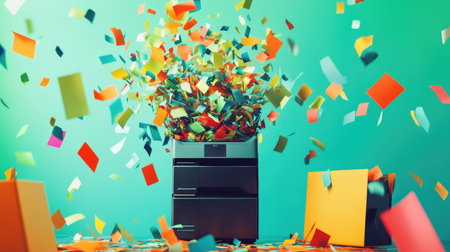 An office shredder with colorful paper scraps floating around it in an artistic arrangement.の素材