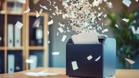 Flying papers cascade around a modern shredder on a clean office desk, captured mid-action.の素材