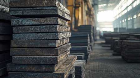 A stack of iron ingots in a metallurgical factory warehouse.の素材