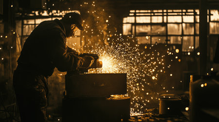 A worker using a grinder on an iron pipe, sparks flying in a controlled workshop.の素材