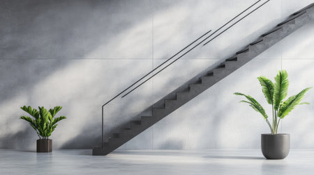 A modern iron staircase in a minimalist interior, illuminated by natural light.の素材