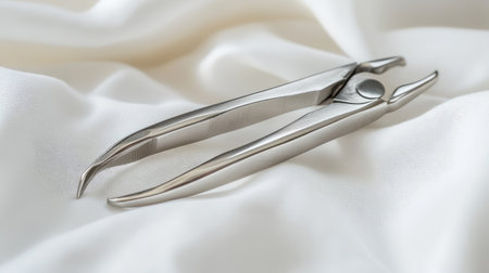 A pair of clean dental pliers resting on a white cloth background.の素材