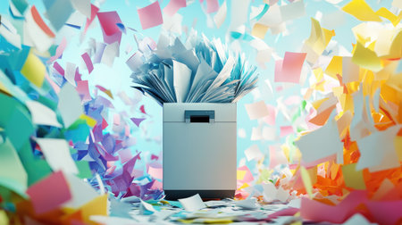 Modern shredder surrounded by a whirlwind of colorful papers flying chaotically.の素材