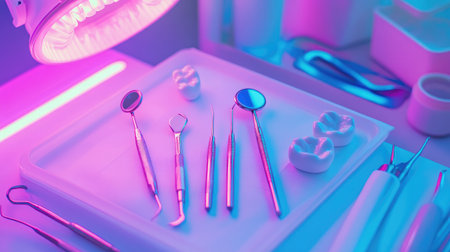 Arrangement of modern dental tools in a dentista tray under a bright light.の素材