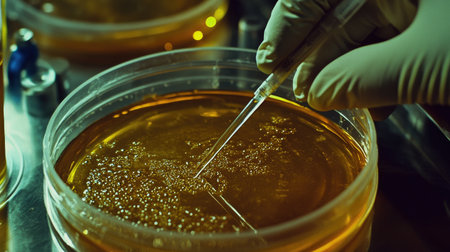 Bacteria being streaked on agar plates with sterile tools in a microbiology lab.の素材
