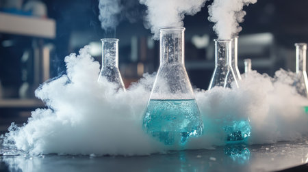 Beakers with smoking dry ice, showcasing dramatic chemical experiments.の素材