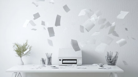Minimalist setup with a shredder and gracefully flying papers on a bright white backdrop.の素材