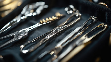 Close-up of orthodontic instruments, including bracket placement tools.の素材