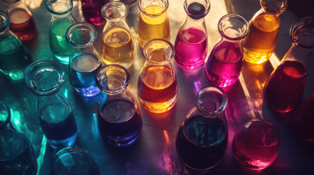 Array of colorful chemical solutions in glassware under a bright light.の素材