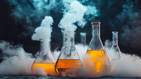 Beakers with smoking dry ice, showcasing dramatic chemical experiments.の素材