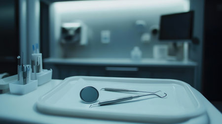 Close-up of a sterilized dental mirror and probe placed on a white tray, with no people in view.の素材