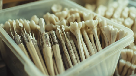 Collection of dental burs in a container ready for procedures.の素材