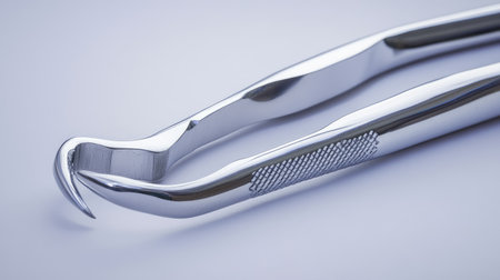 Dental extraction forceps resting on a white paper background with focus on metal finish.の素材