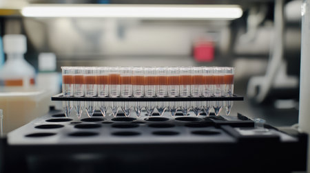 Close-up of a test tube rack with samples labeled and ready for analysis.の素材