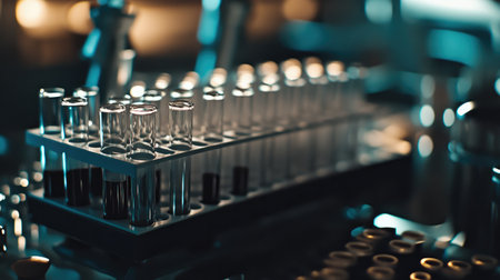 Close-up of a test tube rack with samples labeled and ready for analysis.の素材