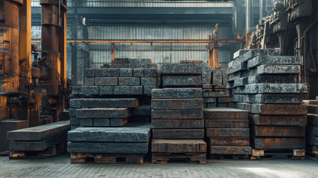 A stack of iron ingots in a metallurgical factory warehouse.の素材