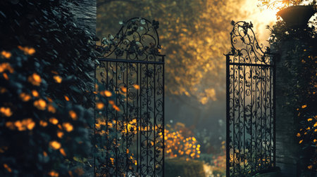 Decorative wrought iron gates with intricate floral patterns under soft lighting.の素材