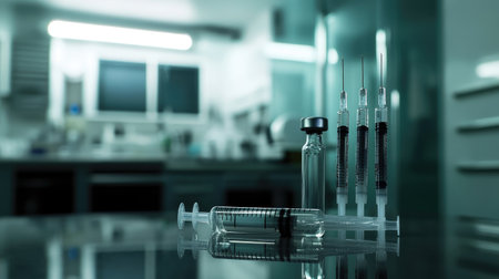 Detailed shot of dental syringes and anesthetic cartridges prepared for use.の素材