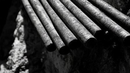 A stack of iron rods arranged neatly at a construction site, with a focus on their texture.の素材