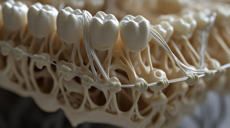 A high-definition view of orthodontic rubber bands and tool placement aids.の素材