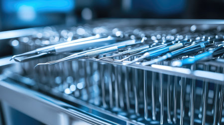 Detailed shot of dental instrument sterilizer racks filled with tools.の素材