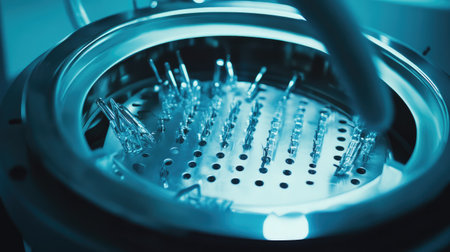 A macro shot of dental instrument sterilization in progress, highlighting safety.の素材