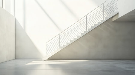 A modern iron staircase in a minimalist interior, illuminated by natural light.の素材