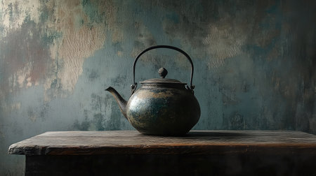 A polished cast iron teapot on a wooden table, radiating an antique charm.の素材