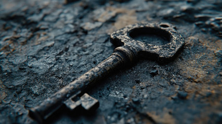 Close-up of an antique iron key on a textured surface, highlighting its age.の素材