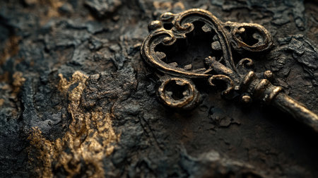 Close-up of an antique iron key on a textured surface, highlighting its age.の素材