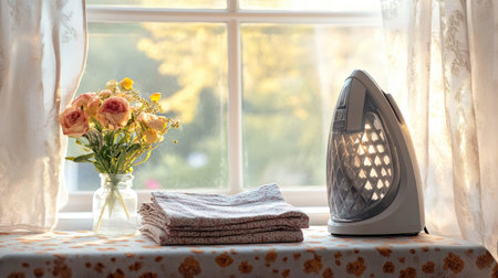 A steam iron placed on an ironing board with a folded shirt beside it.の素材