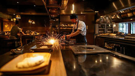 A worker using a grinder on an iron pipe, sparks flying in a controlled workshop.の素材