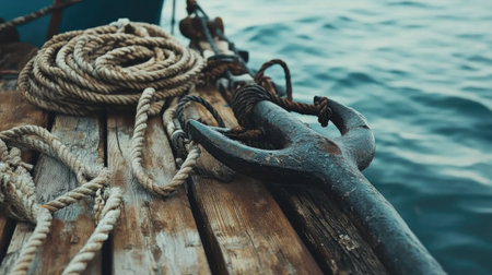 Heavy iron anchor resting on a dock, with ropes coiled nearby.の素材