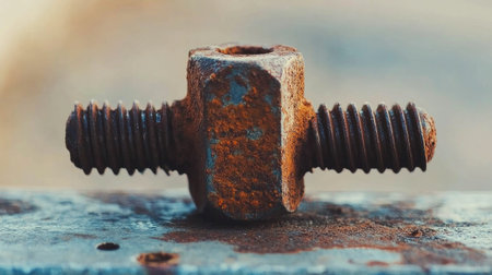 Close-up of a rusted iron bolt and nut on an industrial surface.の素材