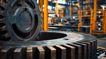 Detailed view of a large iron gear in a mechanical assembly plant.の素材