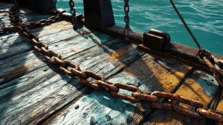 Heavy iron chains coiled on the deck of a ship with water in the background.の素材