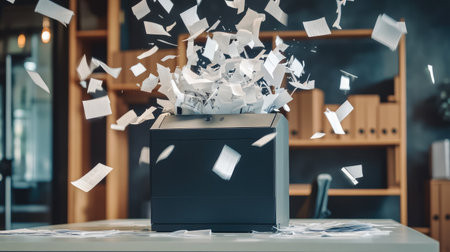 Flying papers cascade around a modern shredder on a clean office desk, captured mid-action.の素材