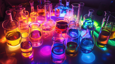 Array of colorful chemical solutions in glassware under a bright light.の素材