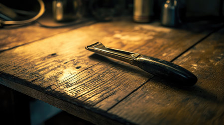 A vintage flat iron placed on an aged wooden table under soft lighting.の素材