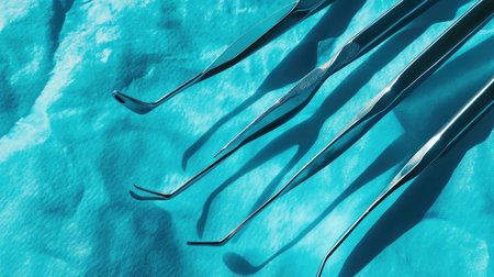 A close-up of dental tweezers and clamps on a sterile blue background.の素材