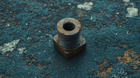 Close-up of a rusted iron bolt and nut on an industrial surface.の素材